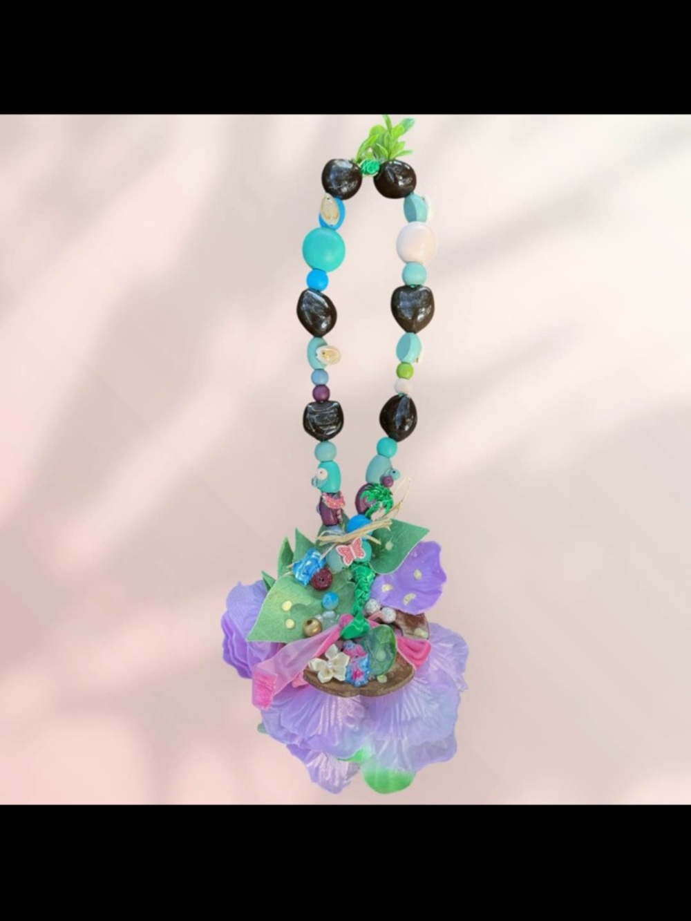 Hand Crafted Turquoise, Black & Purple Floral Hanging lei